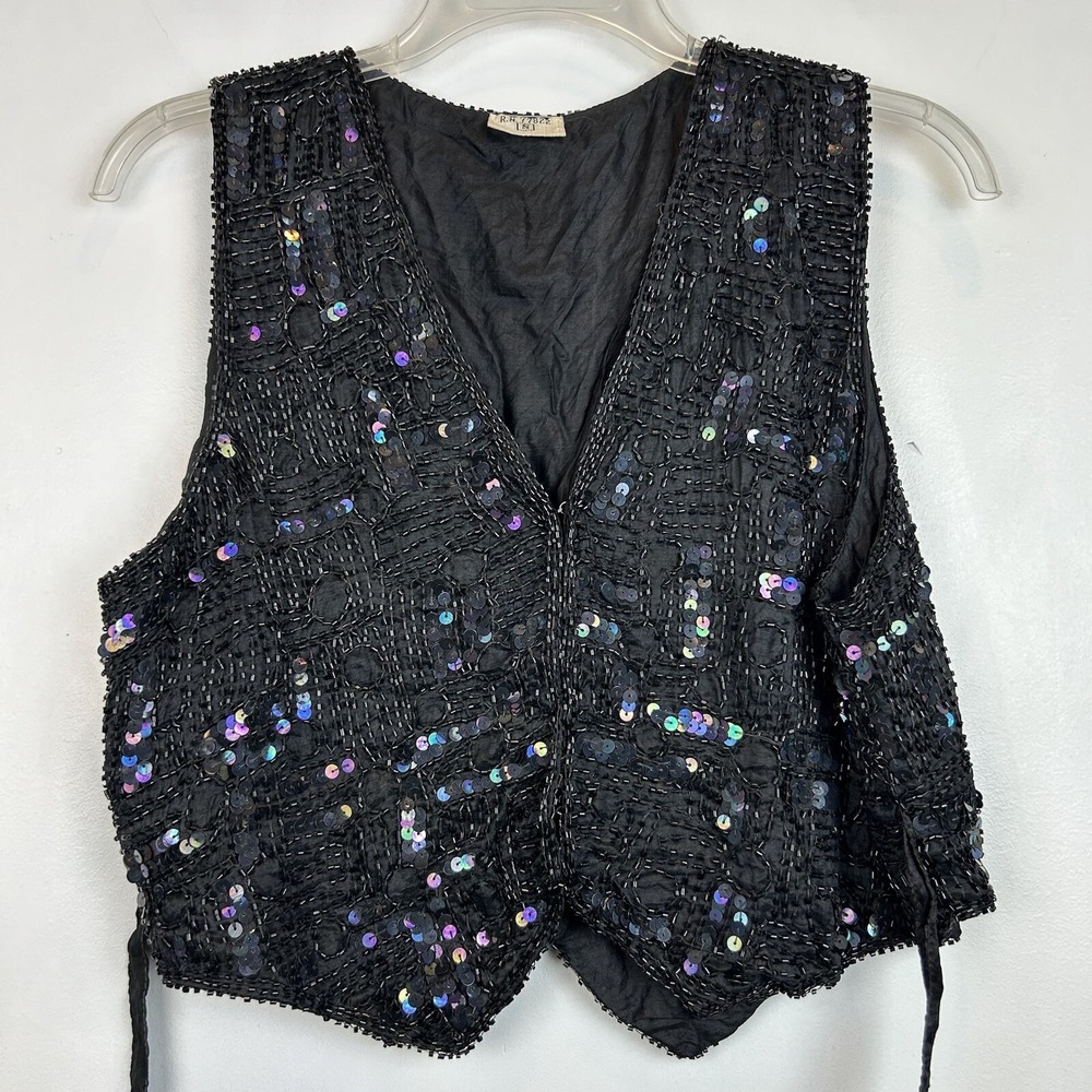 Vintage Vest Womens Small Sequin Beaded Black Silk Hook Cruise Event India Read